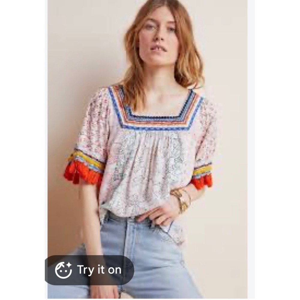 Maeve Anthropologie Womens XS Embroidered Tassel Floral Square Neck Blouse Top